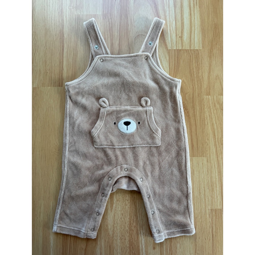 Angel Dear Baby 3-6M Tan Velour Bear Kanga Pocket Overalls Romper POADAW250723